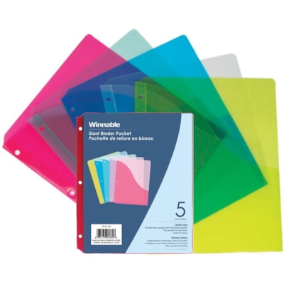 Winnable Slant Binder Pocket - 100 x Sheet Capacity - For Letter 8 1/2" (215.90 mm) x 11" (279.40 mm) Sheet - Ring Binder - Rectangular - Clear, Blue, Red, Green, Yellow - 5 / Pack LETTER  11.25" X 9.25 5 PACK  ASSORTED