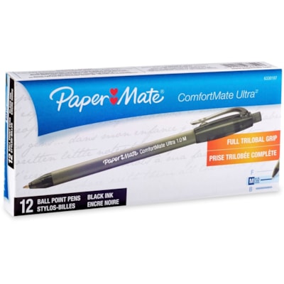 Paper Mate Comfort Mate Retractable Pens - Medium Pen Point - Retractable - Black Ink - Black Rubber Barrel - 1 Dozen MATE RETRACTABLE 