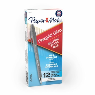 Paper Mate - Stylos à bille recyclés Flexgrip Ultra - Fine Pointe de stylo - Rechargeable - Rétractable - Ink Noir - Encre à base d'alcool - Barrel Caoutchouc - 1 chaque PTE FINE RÉTRACTABLE  GAINE EN CAOUTCHOUC