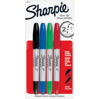 Sharpie - Marqueurs à double pointe - 1 mm (0,04 po) Ultra fine, 0,3 mm (0,01 po) Fine Pointe de marqueur - Ink Noir, Rouge, Bleu, Vert - Encre à base d'alcool - 4 / Ensemble PERMANENT PTE FINE & TRÈS FINE 