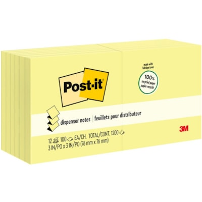 Post-it® Greener Dispenser Notes - 1200 - 3" (76.20 mm) Flag/Note Width x 3" (76.20 mm) Flag/Note Length - Square - 100 Sheets per Pad - Unruled - Yellow - Paper - Self-adhesive, Repositionable, Non-smearing - Recycled - 12 / Pack YELLOW 3" X 3" 12 PADS/PACK