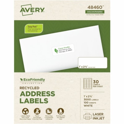 Avery® Eco-Friendly Address Labelsfor Laser and Inkjet Printers, 1" x 2-5/8" - 1" (25.40 mm) Width x 2 5/8" (66.68 mm) Length - Permanent Adhesive - Rectangle - Laser, Inkjet - Matte - White - Paper - Recyclable, PVC-free, Permanent Adhesive, Customizable, Chlorine-free, Water Based - 30 / Sheet 1"X2-5/8" 30/SHT  100SHTS/BX 3000/BX INKJET & LASER COMPAT.