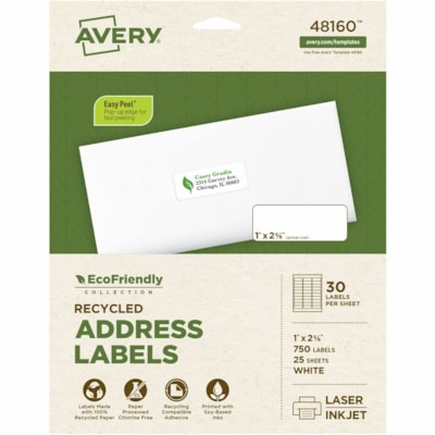Avery® Eco-Friendly Address Labelsfor Laser and Inkjet Printers, 1" x 2-5/8" - 1" (25.40 mm) Width x 2 5/8" (66.68 mm) Length - Permanent Adhesive - Rectangle - Laser, Inkjet - Matte - White - Paper - Recyclable, PVC-free, Permanent Adhesive, Customizable, Chlorine-free, Water Based, Peel-off -  1X2-5/8  30LBLS/SHT  25SHT/PK 750/PK INKJET & LASER COMPAT.