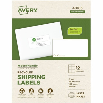 Avery - Etiquette d'expédition EcoFriendly - largeur de 2 po (50,80 mm) x longueur de 4 po (101,60 mm) - Permanent Adhésif - Rectangulaires - Laser, Jet d'encre - Mate - Blanc - Papier - Recyclable, Sans PVC, Adhésif permanent, Personnalisables, Sans chlore, Encre à base d' RESPECTUEUX DE L'ENVIRONNEMENT 10/FLLE  100FLLE/BTE  1000/BTE