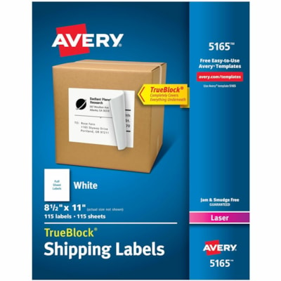 Avery® White Rectangle Labels, TrueBlock®, 8½" x 11" , for Laser and Inkjet Printers - 8 1/2" (215.90 mm) Height x 11" (279.40 mm) Width - Permanent Adhesive - Laser, Inkjet - Matte - Bright White - Paper - 1 / Sheet - 100 Total Sheets - 100 Total Label(s) - Permanent Adhesive, Jam Resistant 1/SHEET PERMANENT ADHESIVE AVERY 100 SHEETS/BX