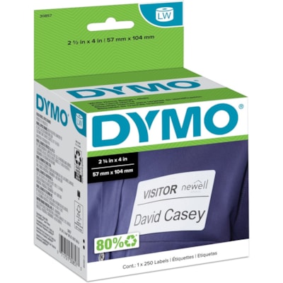 Dymo LabelWriter Adhesive Name Badges - 4" (101.60 mm) Width x 2 1/4" (57.15 mm) Length - Removable Adhesive - Rectangle - Direct Thermal - White - Self-adhesive - 250 / Roll NAME BADGE 