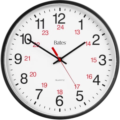 GBC 9847027 Bates 12/24 Quartz Wall Clock - Analog - Quartz - White Main Dial - Black Case WHITE FACE 12/24 HOUR DIAL IN ARABIC NUMERALS USES 1 AA BAT