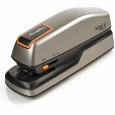Swingline Optima Grip Electric Stapler - Staples Upto 20 Sheet of 20lb Paper - Holds Upto 105 Staple - Half Strip - Staple Size: 1/4" (6.35 mm) - 0.38" (9.53 mm) Throat Depth - 4 x AA Battery Included - Silver, Black - Plastic - 1 Each 20 SHT CAPACITY  SILVER/BLACK USES 35556 STAPLES