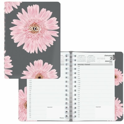 Blueline 2026 Pink Ribbon 12-Month Daily Planner - January to December - 8" x 5" - Pink Daisy - Bilingual - Daily - 12 Month - January 2026 to December 2026 - 7:00 AM to 7:30 PM - Half-hourly - 1 Day Single Page Layout - 8" (203.20 mm) x 5" (127 mm) Sheet Size - Twin Wire - Pink Daisy - Paper - Pink  