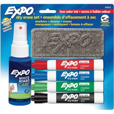 Expo® Low Odour Dry Erase Starter Sets - Chisel Marker Point - Black, Blue, Red, Green Ink - 1 / Set CLEANER & 4 MARKERS 