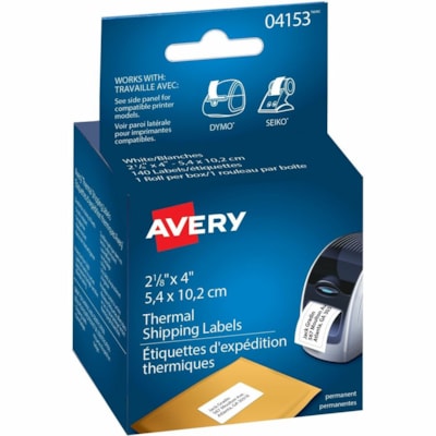 Avery® - Étiquettes d'expédition pour imprimante Smart - hauteur de 2 1/8 po (53,85 mm) x largeur de 4 po (101,60 mm) - Permanent Adhésif - Rectangulaires - Transfert thermique - Blanc brillant - Papier - Étanche - 140 / Feuille - 140 / Rouleau - 1 Total de feuilles - 140 Total d'& 5 4 X 10 2 CM BLANCHES  140 ETIQUETTES  1 RO