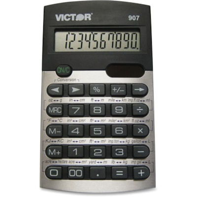 Victor 907 Metric Conversion Calculator - 20 Functions - 10 Digits - Battery/Solar Powered - 0.4" (9.53 mm) Height x 2.6" (66.68 mm) Width x 4.5" (114.30 mm) Depth - Black, Silver - 1 Each CALCULATOR  LARGE 10 DIGIT LCD DISPLAY