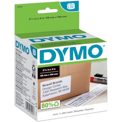 Dymo LabelWriter Large Shipping Labels - 2 5/16" (58.67 mm) Width x 4" (101.60 mm) Length - Rectangle - Direct Thermal - White - 300 / Roll - 300 / Roll 2-5/16" X 4"  300 PER ROLL DYMO