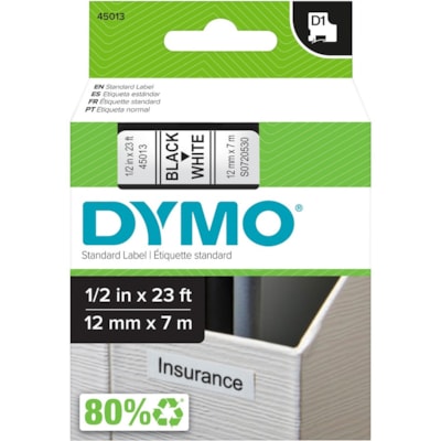 Dymo D1 Electronic Tape Cartridge - 1/2" (12.70 mm) Width - Thermal Transfer - White - Polyester - 1 Each ELECTR.LABELMAKER 12MM 23 FT DYMO 1000 200 3500 4500 5000