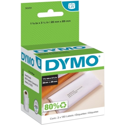 Dymo White Address Labels - 3 1/2" (88.90 mm) Width x 1 1/8" (28.45 mm) Length - Permanent Adhesive - Rectangle - Direct Thermal - White - Paper - Self-adhesive - 130 / Roll - 2 / Box 1-1/8"X3-1/2" 130 LABELS PER ROLL DYMO