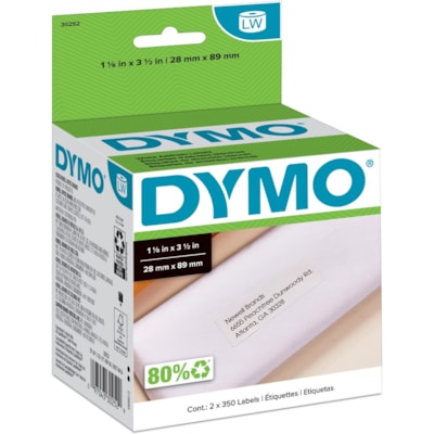 Dymo LabelWriter Address Labels - 1 1/8" (28.45 mm) Width x 3 1/2" (88.90 mm) Length - White - Paper - 350 / Roll - Self-adhesive - 2 / Box 350 LABELS PER ROLL DYMO COSTAR