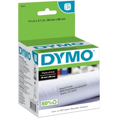 Dymo Large Address Labels - 1 2/5" (35.56 mm) Width x 3 1/2" (88.90 mm) Length - Rectangle - Inkjet - White - 260 / Roll - 2 / Box FOR DYMO LABELWRITER ONE EACH 260 LABELS PER ROLL