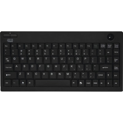 Adesso Wireless Mini Trackball Keyboard - Wireless Connectivity - RF - 30 ft (9144 mm) - 2.40 GHz - USB Interface - 87 Key(s) - Windows Key Hot Key(s) - English (US) - Computer, Monitor, Tablet, Kiosk - Trackball - Windows - Membrane Keyswitch - AA Battery Size Supported - Black  Trackball Keyboard  - Black
