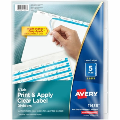 Avery® Print & Apply Clear Label Dividers, Index Maker(R) Easy Apply(TM) Printable Label Strip, 5 White Tabs, 5 Sets (11436) - 25 x Divider(s) - Print-on Tab(s) - 5 - 5 Tab(s)/Set - 8.50" (215.90 mm) Divider Width x 11" (279.40 mm) Divider Length - 3 Hole Punched - White Paper Divider - White Pa LASER AVERY 3 CLEAR LABEL SHEETS REINFORCED  20% PCW