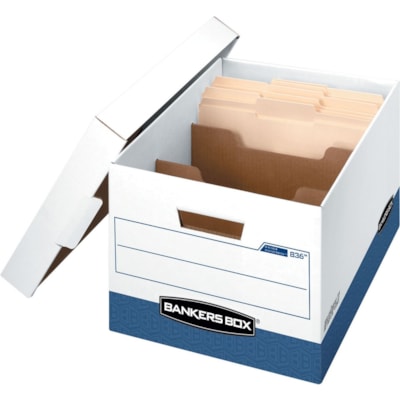 Bankers Box R-Kive® DividerBox(tm) - Letter - Internal Dimensions: 12" (304.80 mm) Width x 15" (381 mm) Depth x 10" (254 mm) Height - External Dimensions: 12.8" (323.85 mm) Width x 16.5" (419.10 mm) Depth x 10.4" (263.65 mm) Height - Media Size Supported: Letter - 3 Dividers - Lift-off Closur COMPARTMENTS LIFTOFF LID HOLDS UP TO 850LBS 65%REC.59% PCW