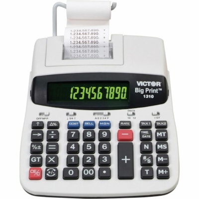 Victor 1310 Printing Calculator - Thermal - Black Print - 9 lps - Date, Clock, Independent Memory - 12 Digits - LED - AC Supply Powered - 7.5" (190.50 mm) Height x 2.2" (55.88 mm) Width x 9.5" (241.30 mm) Length - White - 1 Each BIG PRINT 