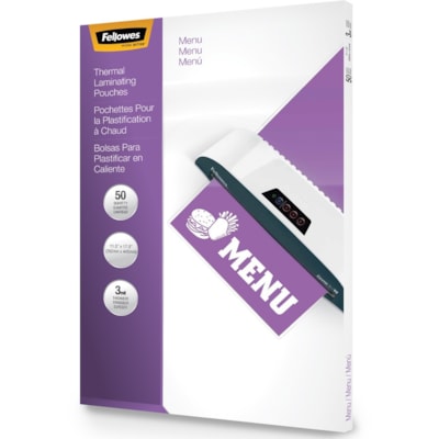 Fellowes - Pochette de plastification à chaud - Taille de pochettes de plastification/feuilles de lamination : largeur de 11,50 po (292,10 mm) x longueur de 17,50 po (444,50 mm) x épaisseur de 3 mil (0,08 mm) - Brillant - Type G - pours Menu, Document - Résistants - clair - 50 / b FORMAT MENU  11 1/2 X 17 1/2 FLÈCHES DIRECT.  EMB. DE 50