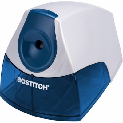 Bostitch Personal Electric Pencil Sharpener - Desktop - 1 Hole(s) - Helical - 4.25" (107.95 mm) Height x 4" (101.60 mm) Width - Blue, Silver - 1 Each HHC CUTTER TECHNOLOGY HIGH CAP SHAVINGS TRAY  BLUE