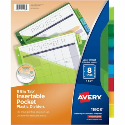 Avery® Big Tab(tm) Insertable Plastic Dividers with Pockets for Laser and Inkjet Printers, 9¼" x 11?" , 8 tabs, 1 set - 8 x Divider(s) - 8 - 8 Tab(s)/Set - 9.25" (234.95 mm) Divider Width x 11.25" (285.75 mm) Divider Length - 3 Hole Punched - Translucent Plastic, Multicolor Divider - Multicol POCKET INSERTABLE PLASTIC LTR MULTI COLOURS