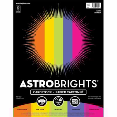 Astrobrights Color Card Stock "Happy" , 5 Assorted Colours - Letter - 8 1/2" (215.90 mm) x 11" (279.40 mm) - 65 lb (29483.50 g) Basis Weight - Acid-free, Lignin-free - Cosmic Orange, Solar Yellow, Terra Green, Venus Violet, Fireball Fuchsia - 250 / Pack - ASS'T 5 COLOUR LETTE FSC CERTIFIED  ACID FREE
