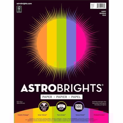 Astrobrights - Papier couleur " Happy " , 5 couleurs assorties - format lettre - 8 1/2 po (215,90 mm) x 11 po (279,40 mm) - 24 lb (10886,22 g) Poids de Base - Sans acide, Sans lignine - Orange cosmique, jaune solaire, Vert terra, violet Vénus, Fuchsia boule de feu - 500 / Ramette 8.5 X11 11.8M 5 COL ASST 500PK 24#