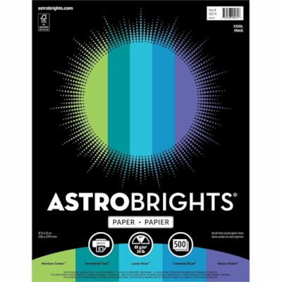 Astrobrights - Papier couleur " Cool " , 5 couleurs assorties - format lettre - 8 1/2 po (215,90 mm) x 11 po (279,40 mm) - 24 lb (10886,22 g) Poids de Base - Sans acide, Sans lignine - Vert, Turquoise sarcelle, Bleu lunaire, Bleu céleste, violet Vénus - 500 / Ramette 8.5 X11 5 COL ASS 500/PK 