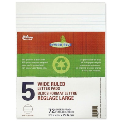 Hilroy - Bloc de papier recyclé Enviro Plus(tm) - 72 Feuilles - 0,31 po (8 mm) Avec ligne - 15 lb (6803,89 g) Poids de Base - format 8 3/8 po (212,73 mm) x 10 7/8 po (276,23 mm) - Paper Blanc - Stiff-back - Recyclé - 5 / emballage 5/PQT RÉGLURE LARGE 72PG/BLOC 50% RECYCLÉ 20% DE POST-CONSOM