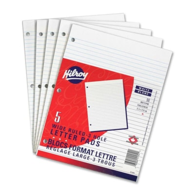 Hilroy - Bloc de figures - 96 Feuilles - 0,31 po (7,94 mm) Avec ligne - format 8 3/8 po (212,73 mm) x 10 7/8 po (276,23 mm) - Paper Blanc - 5 / emballage RÉGLURE LARGE 5/16"  3 TROUS HILROY