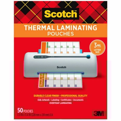 Scotch Thermal Laminating Pouches - Sheet Size Supported: Letter 8.50" (215.90 mm) Width x 11" (279.40 mm) Length - Laminating Pouch/Sheet Size: 9" (228.60 mm) Width x 11.50" (292.10 mm) Length x 3 mil (0.08 mm) Thickness - Glossy - for Photo, Document, Schedule, Presentation, Phone List, Certificat LETTER 9" X 11 1/2" 50/PK 