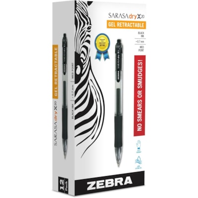 Zebra SARASA dry X20 Retractable Gel Pen - 0.7 mm (0.03") Medium Pen Point - Refillable - Retractable - Black Ink - Pigment-based - Translucent Barrel - 1 / Box W/RUBBER GRIP 