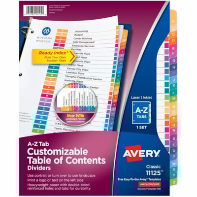 Avery® Ready Index® Table of Contents Dividers for Laser and Inkjet Printers, A-Z - 1 x Divider(s) - 26 Printed Tab(s) - Alphabet - A-Z - 26 Tab(s)/Set - 8.50" (215.90 mm) Divider Width x 11" (279.40 mm) Divider Length - Letter - 8.50" (215.90 mm) Width x 11" (279.40 mm) Length - 3 Hole Punc LASER/INK JET  MULTI-COLOUR A-Z  1 SET/PKG