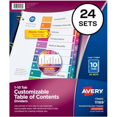 Avery® Ready Index(R) 10-Tab Binder Dividers, Customizable Table of Contents, Multicolor Tabs, 24 Sets (11169) - 240 x Divider(s) - 1-10 - 10 Tab(s)/Set - 8.50" (215.90 mm) Divider Width x 11" (279.40 mm) Divider Length - 3 Hole Punched - White Paper Divider - Multicolor Paper Tab(s) - 20% Recyc 25 UNCOLLATED SETS OF 10 TABS 20% PCW