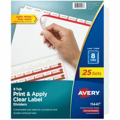Avery Index Maker Index Divider - 200 x Divider(s) - Print-on Tab(s) - 8 - 8 Tab(s)/Set - 8.50" (215.90 mm) Divider Width x 11" (279.40 mm) Divider Length - 3 Hole Punched - White Paper Divider - White Paper Tab(s) - Printable, Hole-punched, Customizable, Long Lasting, Tear Resistant, Double-sided - (25 SETS/BOX) AVERY 3 CLEAR LABEL SHEETS  20% PCW