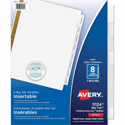 Avery® - Diviseurs plastiques Big Tab(tm) insérables, 8 onglets, 1 jeu - 8 x Intercalaire(s) - 8 - 8 Onglet(s)/Ensemble - largeur de l'intercalaire 8,50 po (215,90 mm) x longueur de l'intercalaire 11 po (279,40 mm) - 3 TrouPerforé - Divider Blanc Papier - Tab(s) clair Papier, Pl LASER/JET D'ENCRE  TRANS. 8 ONGLET  1 JEU/PQT