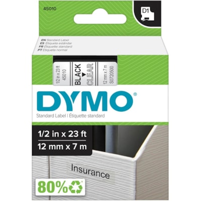 Dymo D1 Electronic Tape Cartridge - 1/2" (12.70 mm) Width x 23 ft (7 m) Length - Rectangle - Thermal Transfer - Clear - Polyester - Scratch Resistant, Chemical Resistant - 1 Each ELECTR.LABELMAKER 12MM 23 FT DYMO 1000 2000 3500 4500 500