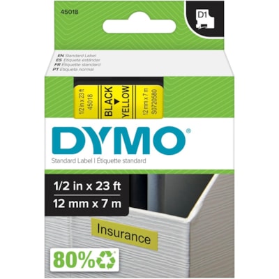 Dymo D1 Electronic Tape Cartridge - 1/2" (12.70 mm) Width - Thermal Transfer - Yellow - Polyester - 1 Each ELECTR.LABELMAKER 12MM 23 FT DYMO 1000 2000 3500 4500 500ET
