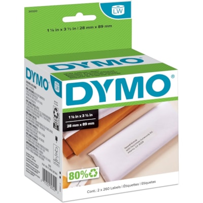 Dymo - Étiquettes d'adresse de grande capacité - largeur de 1 1/8 po (28,58 mm) x longueur de 3 1/2 po (88,90 mm) - Permanent Adhésif - Rectangulaires - Thermique directe - Blanc - Papier - Autocollant - 260 / Rouleau - 2 / boîte  