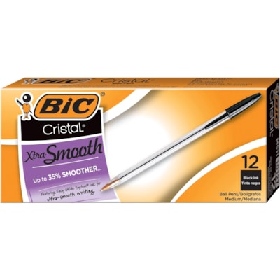 BIC Cristal Xtra Smooth Stic Ball Pen, Black, 12 Pack - 1 mm (0.04") Medium Pen Point - Black Ink - Clear Barrel - 12 Pack PLASTIC BARREL DISPOSABLE 