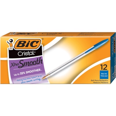 BIC Cristal Xtra Smooth Stic Ball Pen, Blue, 12 Pack - 1 mm (0.04") Medium Pen Point - Blue Ink - Clear Barrel - 12 Pack PLASTIC BARREL DISPOSABLE 