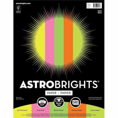 Astrobrights - Papier couleur " Néon " , 5 couleurs assorties - format lettre - 8 1/2 po (215,90 mm) x 11 po (279,40 mm) - 24 lb (10886,22 g) Poids de Base - Green Seal - Sans acide, Sans lignine, Heavyweight, Résistant à la décolaration - Orange cosmique, Citron, Vert, Ros 8.5 X11 5 COL ASS 500/PK 