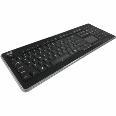 Adesso Wireless Desktop Touchpad Keyboard - Wireless Connectivity - RF - 30 ft (9144 mm) - 2.40 GHz - USB Interface - 104 Key(s) - On/Off Switch Hot Key(s) - English (US) - QWERTY Layout - Desktop Computer - TouchPad - Membrane Keyswitch - AAA Battery Size Supported - Black top Touchpad Keyboard ard (glazing black c