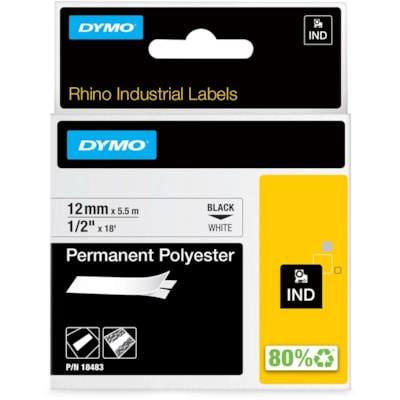 Dymo - Étiquettes en polyéthylène permanent Rhino - largeur de 1/2 po (12,70 mm) - Permanent Adhésif - Transfert thermique - Blanc, Noir - Polyester - Décollage facile - 1 chaque 1/2 "12MM RHINO  PERM 