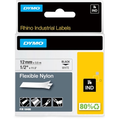 Dymo - Étiquettes en nylon flexible Rhino - largeur de 1/2 po (12,70 mm) x longueur de 11 1/2 pi (3,5 m) - Transfert thermique - Blanc, Noir - Nylon - Étanche - Thermorésistant, Flexible - 1 chaque (1/2") NOIR SUR BLANC FLEXIBLE POUR RHINO PRO 5000