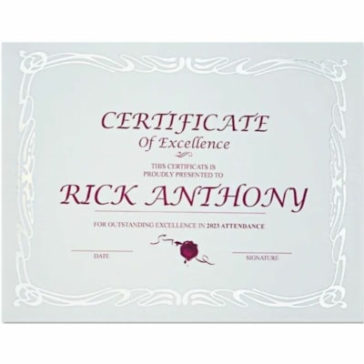 St. James® Certificate with Silver Foil - 24 lb (10886.22 g) Basis Weight - "Certificate of Excellence" - 8.50" (215.90 mm) Width x 11" (279.40 mm) Length - Inkjet, Laser Compatible - White with Silver Border - Linen - 12 / Pack ON WHITE LINEN RECYCLED W/ 30% PCW