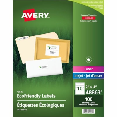 Avery® Eco-Friendly Shipping Labels for Laser and Inkjet Printers, 2" x 4" - - HeightWater Based Adhesive - Rectangle - Laser, Inkjet - White - Paper - 10 / Sheet - 10 Total Sheets - 100 Total Label(s) - 1 / Carton WHITE  PERMANENT 2" X 4" - 100 LABELS/PKG